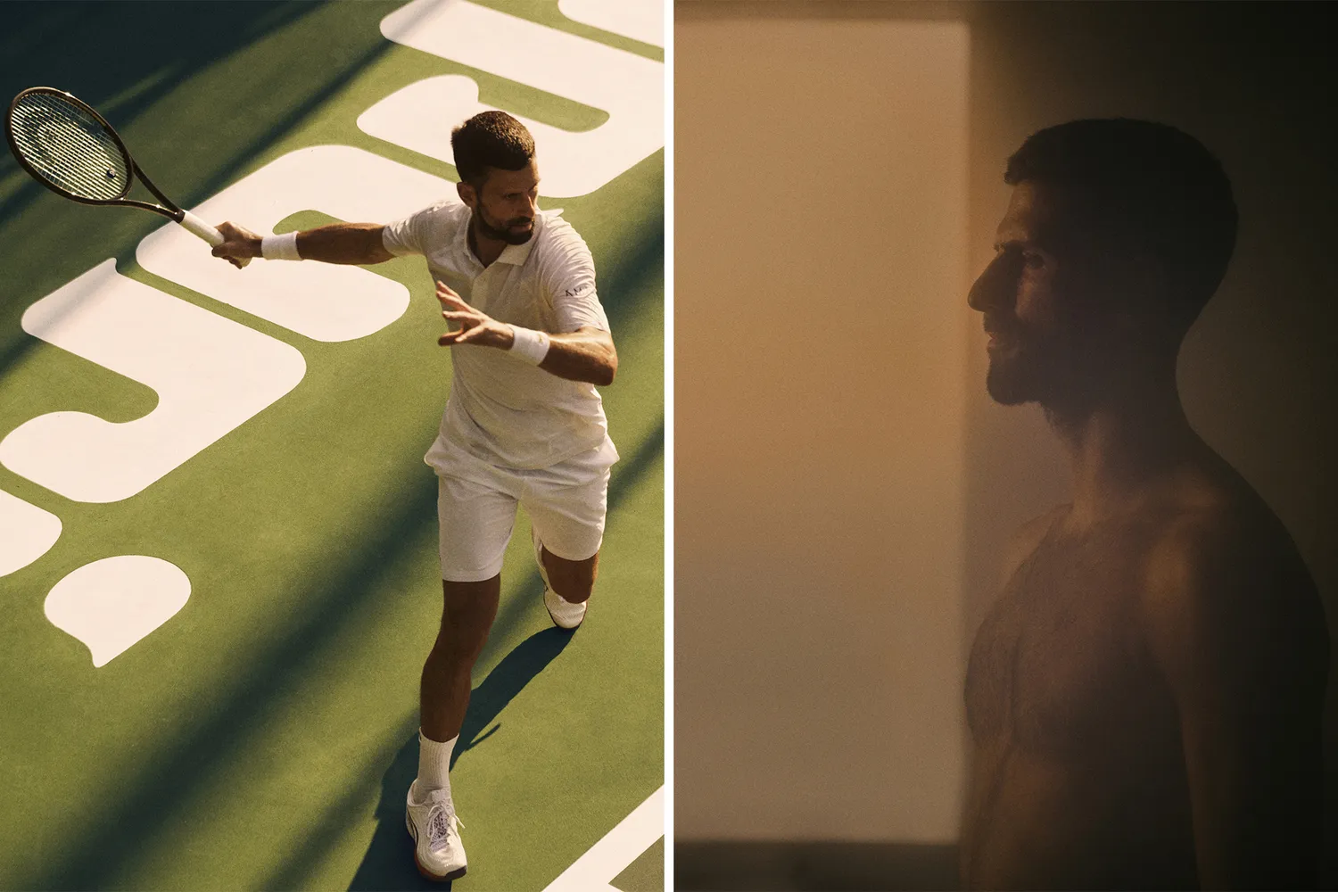 A split image showing Novak Djokovic in action on a tennis court and relaxing shirtless in a traditional banya sauna at Amanpuri.