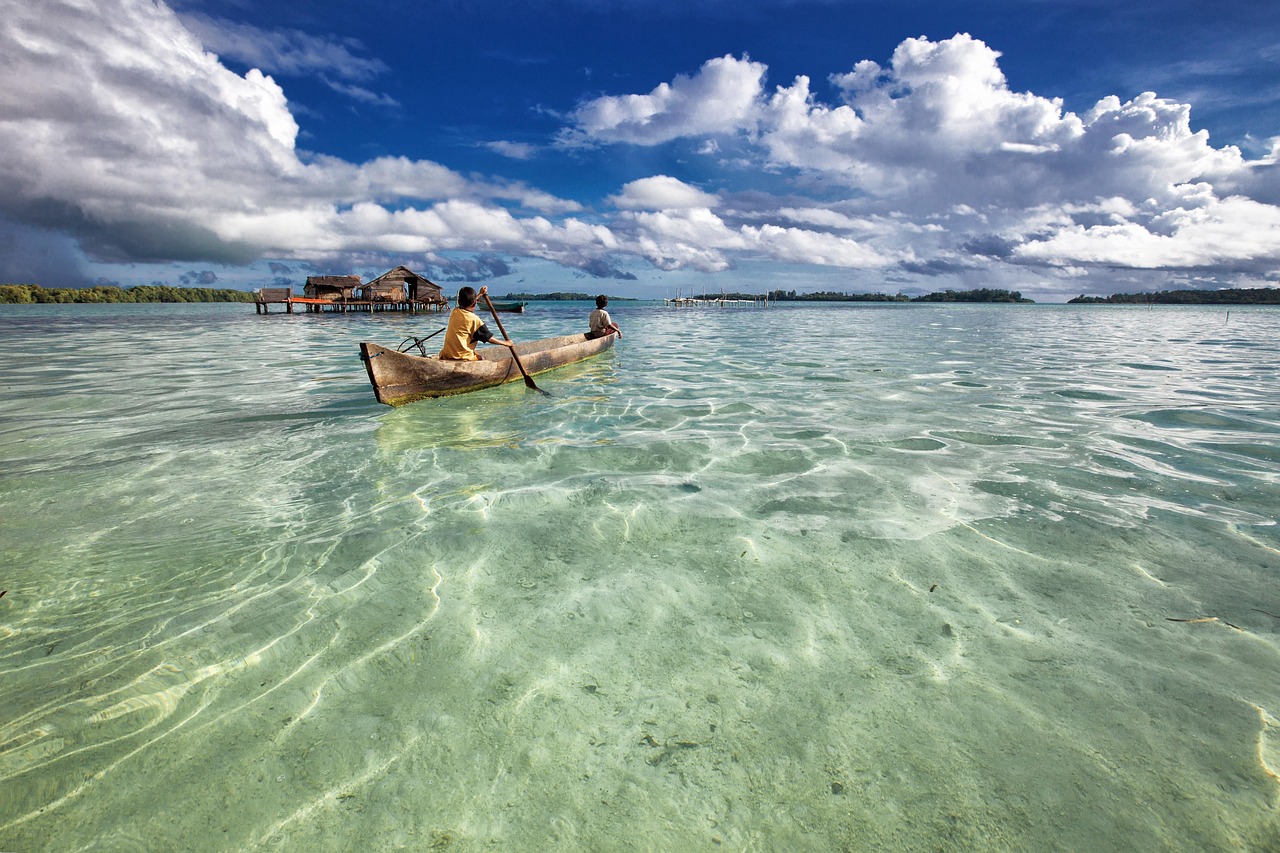 A traditional Mokoro canoe being pushed through calm water filled with lilies.