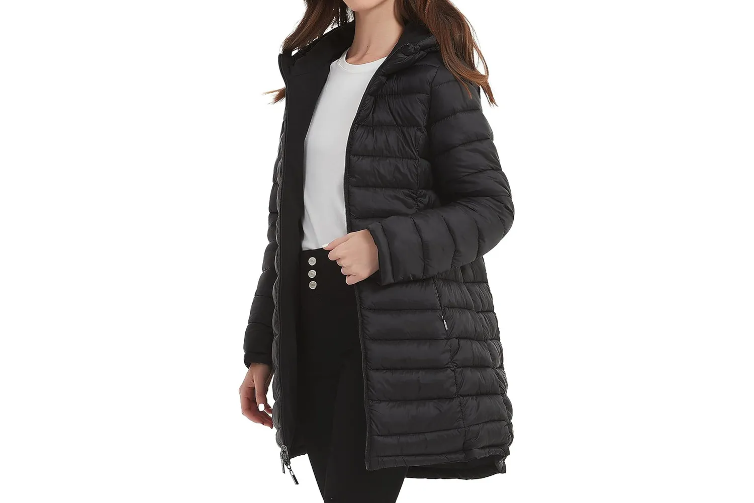 A woman wearing a Bellivera reversible puffer jacket.