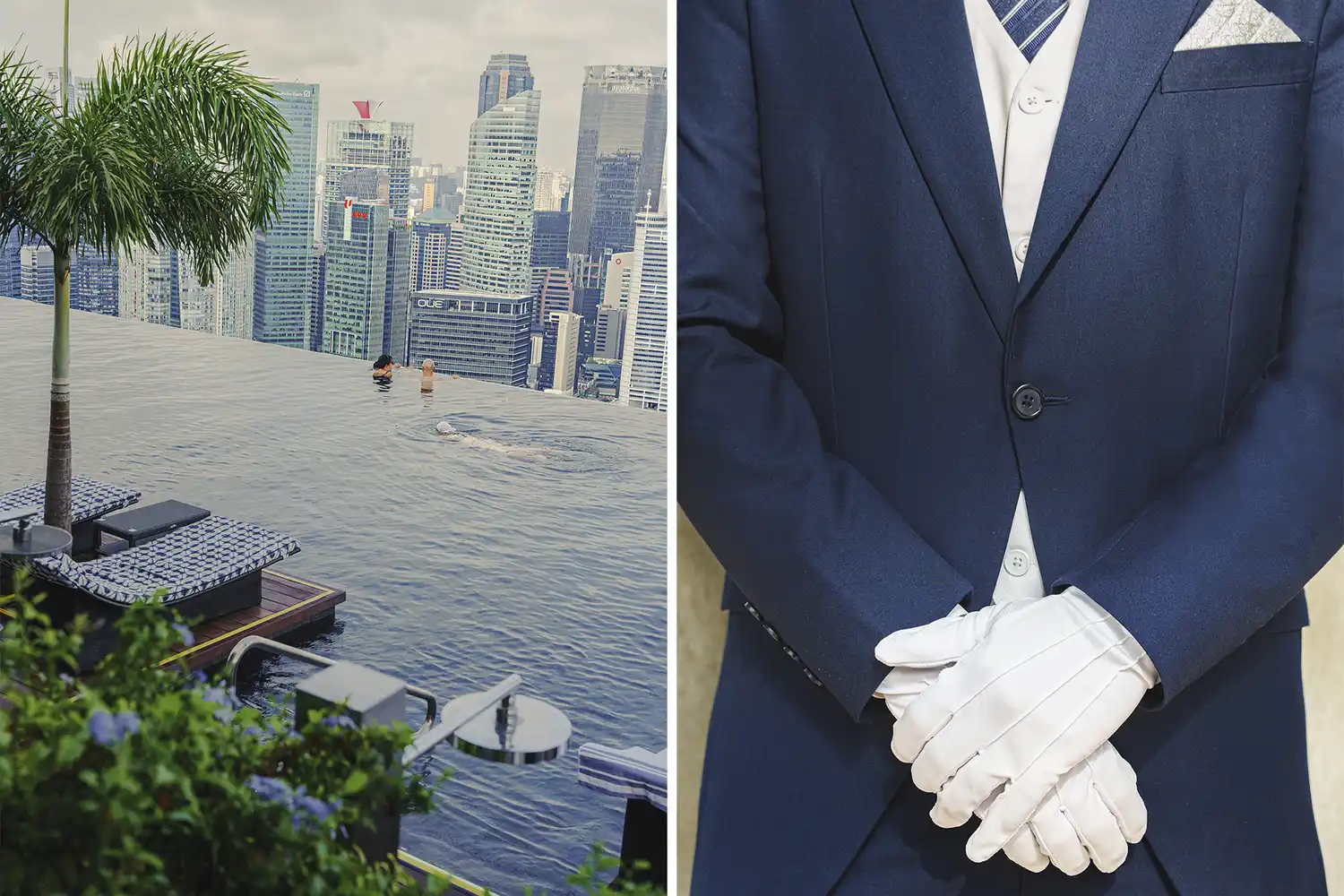 Split image showing the rooftop infinity pool on the left and a bellhop wearing white gloves on the right.