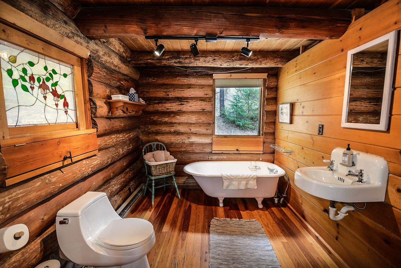 A white vintage claw-foot bathtub positioned in front of a large window overlooking a lush green forest.