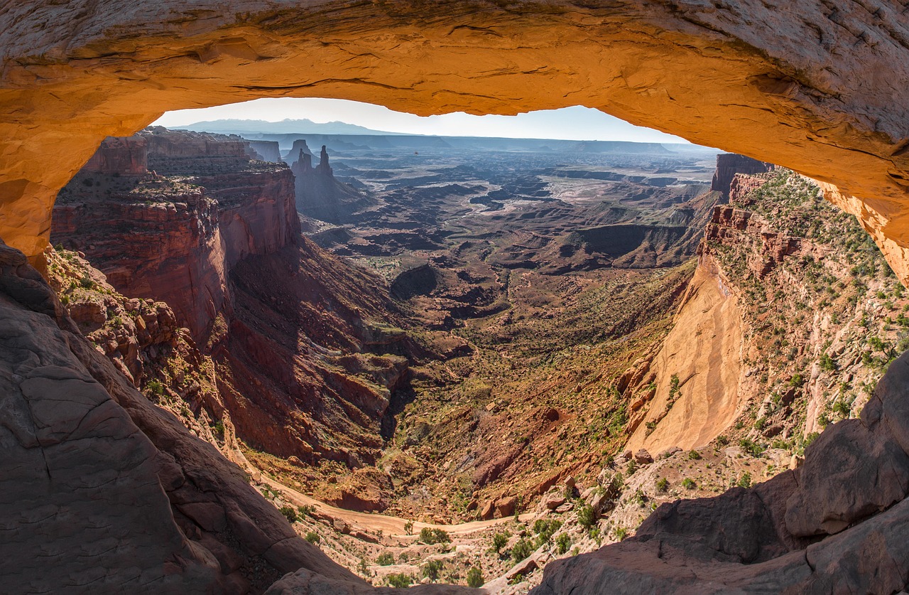 Wide angle view of the deep canyons and mesas in Canyonlands National Park.