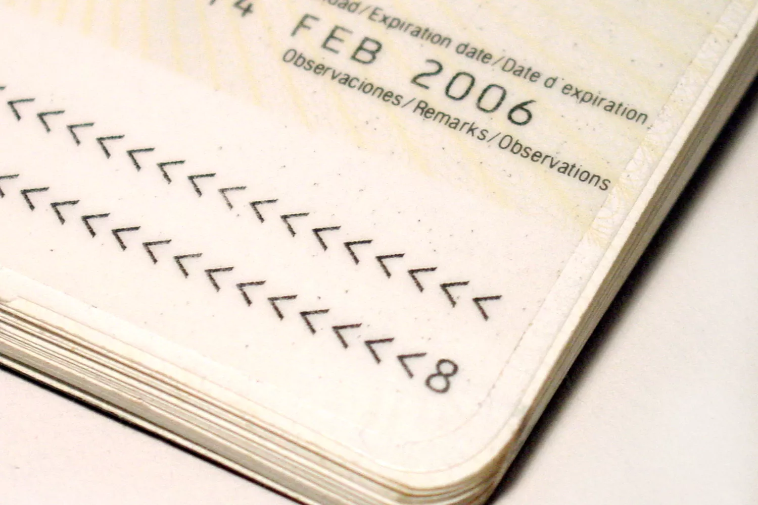 Close-up of a passport page highlighting the expiration date and machine-readable text.