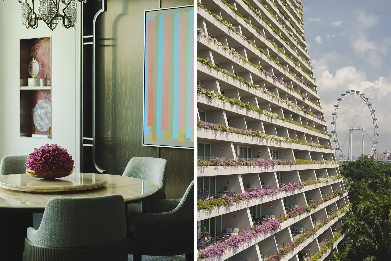 Composite image showing a suite dining area and an exterior view of the resort.