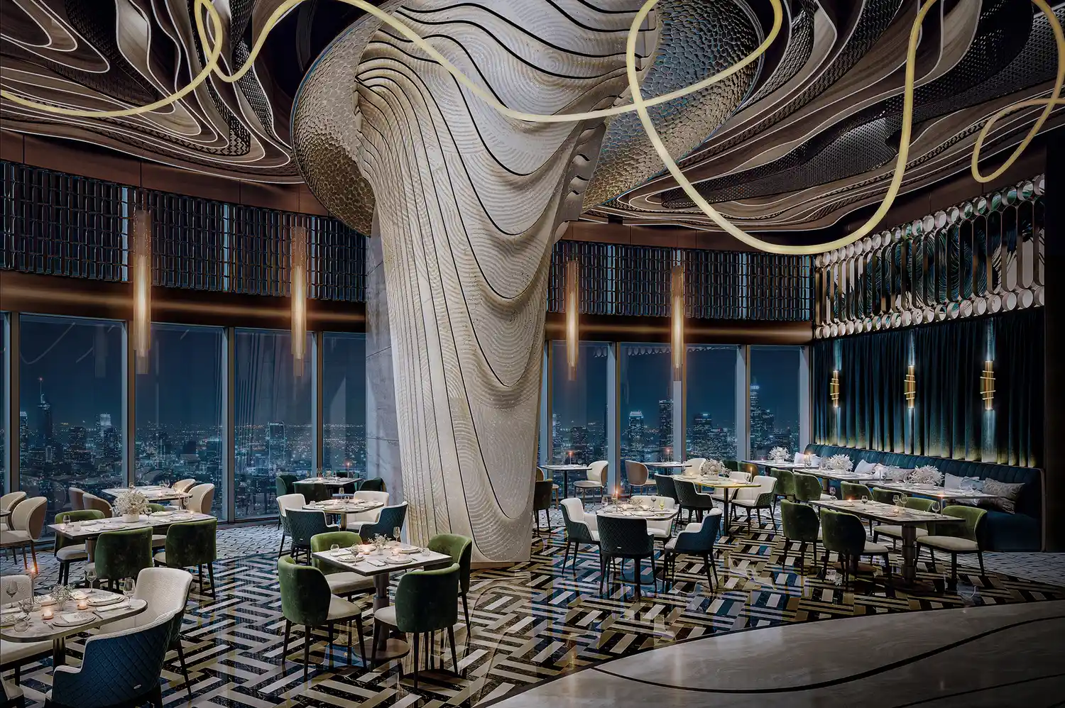 Modern restaurant interior with artistic ceiling designs and city lights visible through large windows.