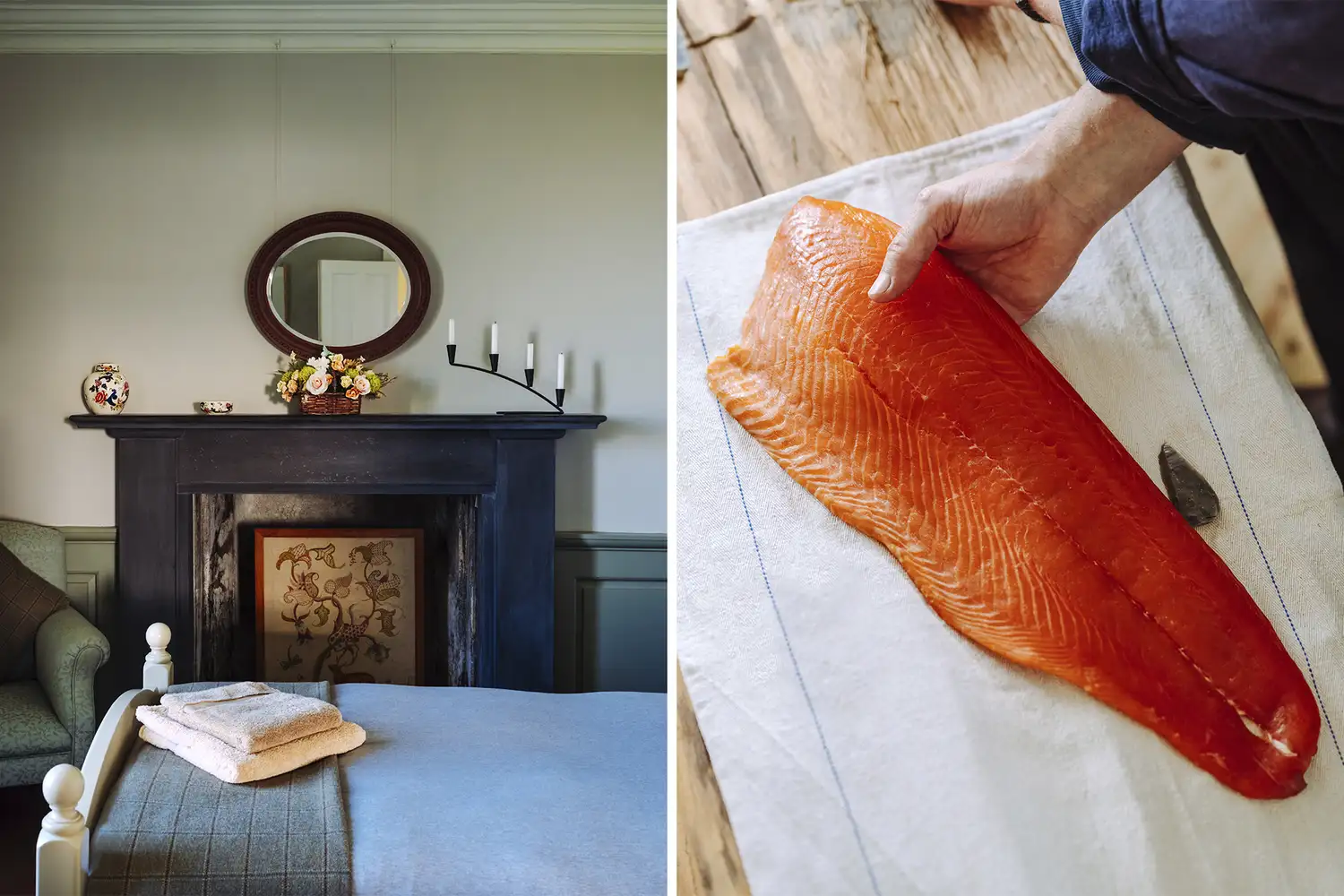 A fillet of smoked salmon being prepared next to a cozy room with a fireplace.
