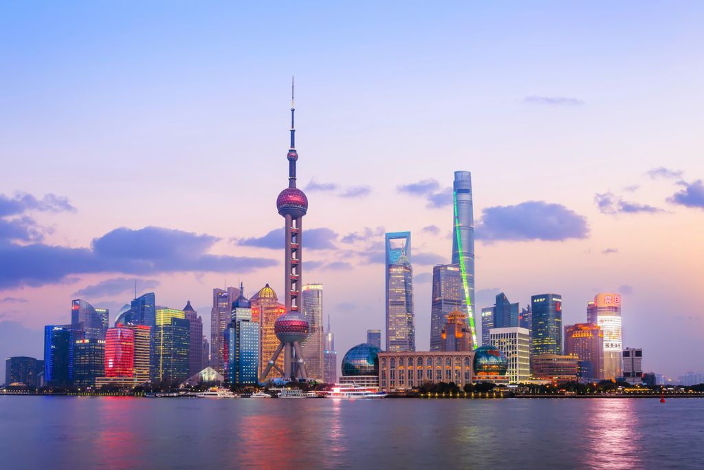 The Pudong skyline in Shanghai featuring the Oriental Pearl Tower.