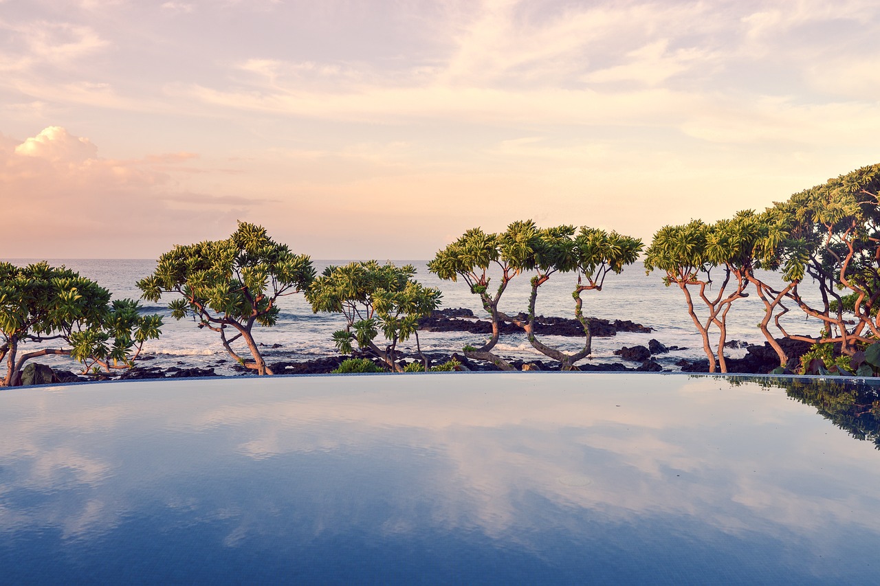 A stunning infinity pool at a luxury tropical resort overlooking the ocean.