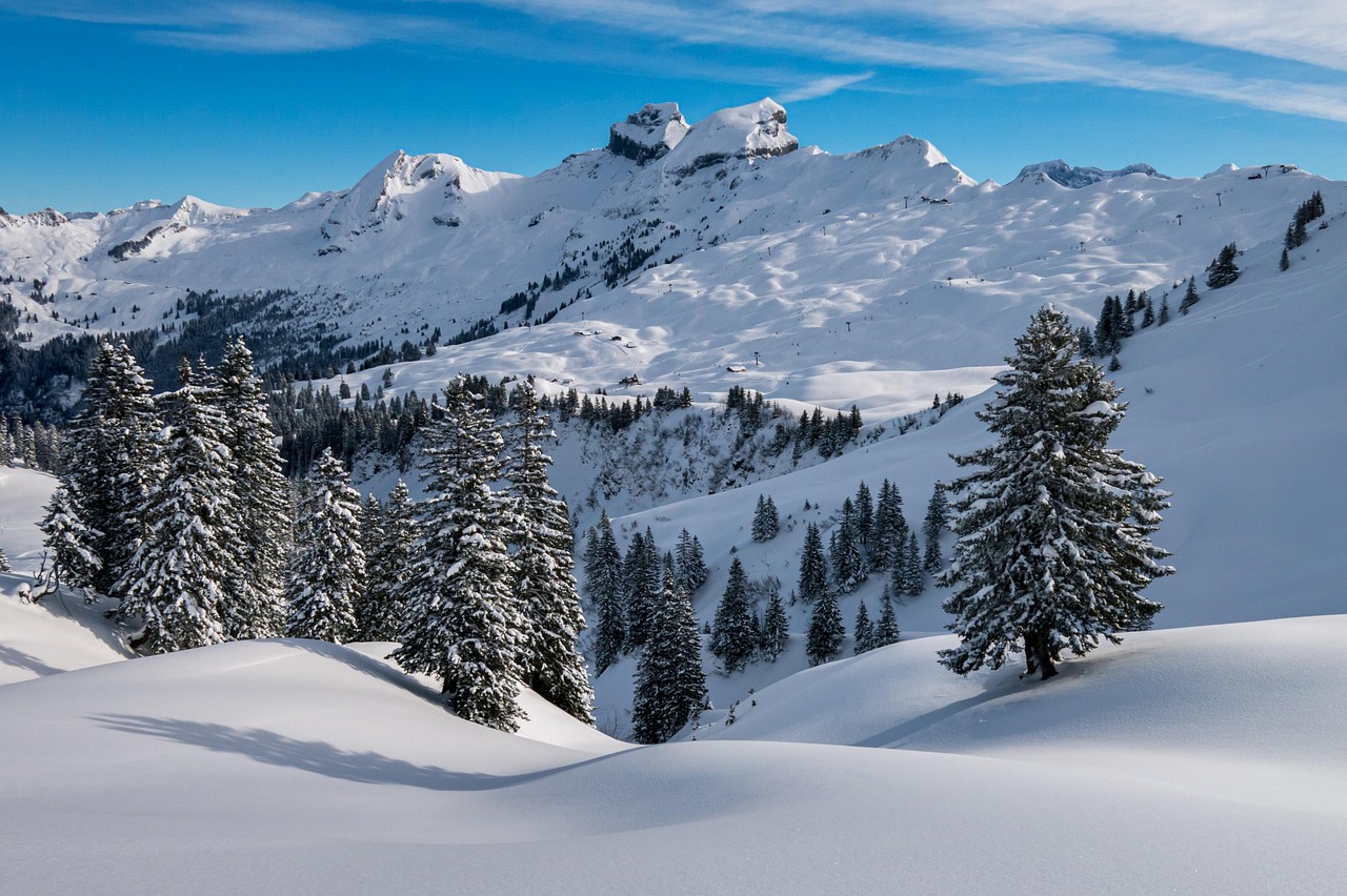 A skier carving through fresh powder snow on a high-altitude Swiss mountain glacier.