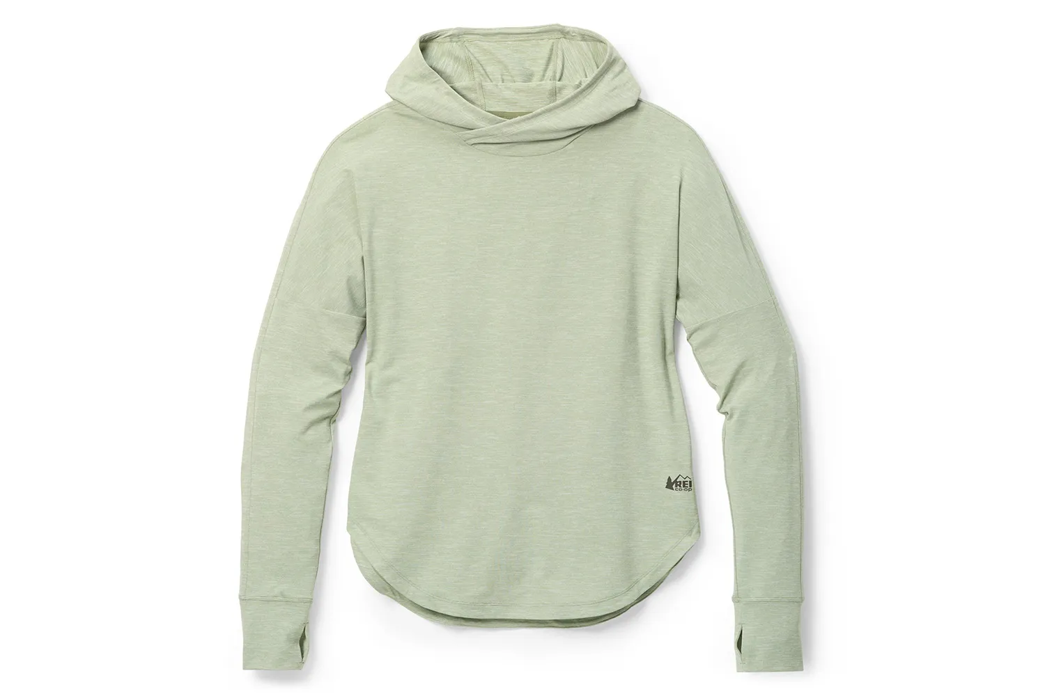 A person wearing a light blue sun hoodie with a hood up.