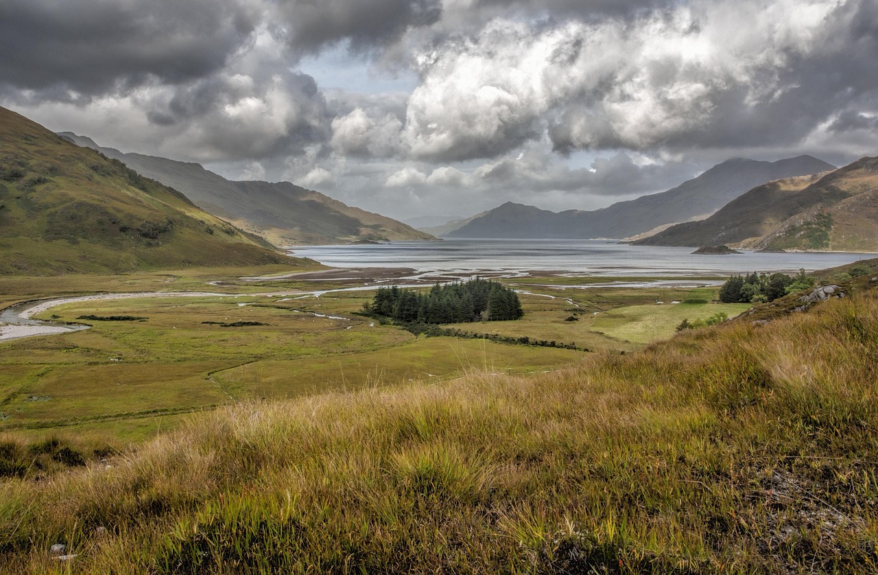 A rugged Scottish sea loch with mountains in the background and a small group of people.