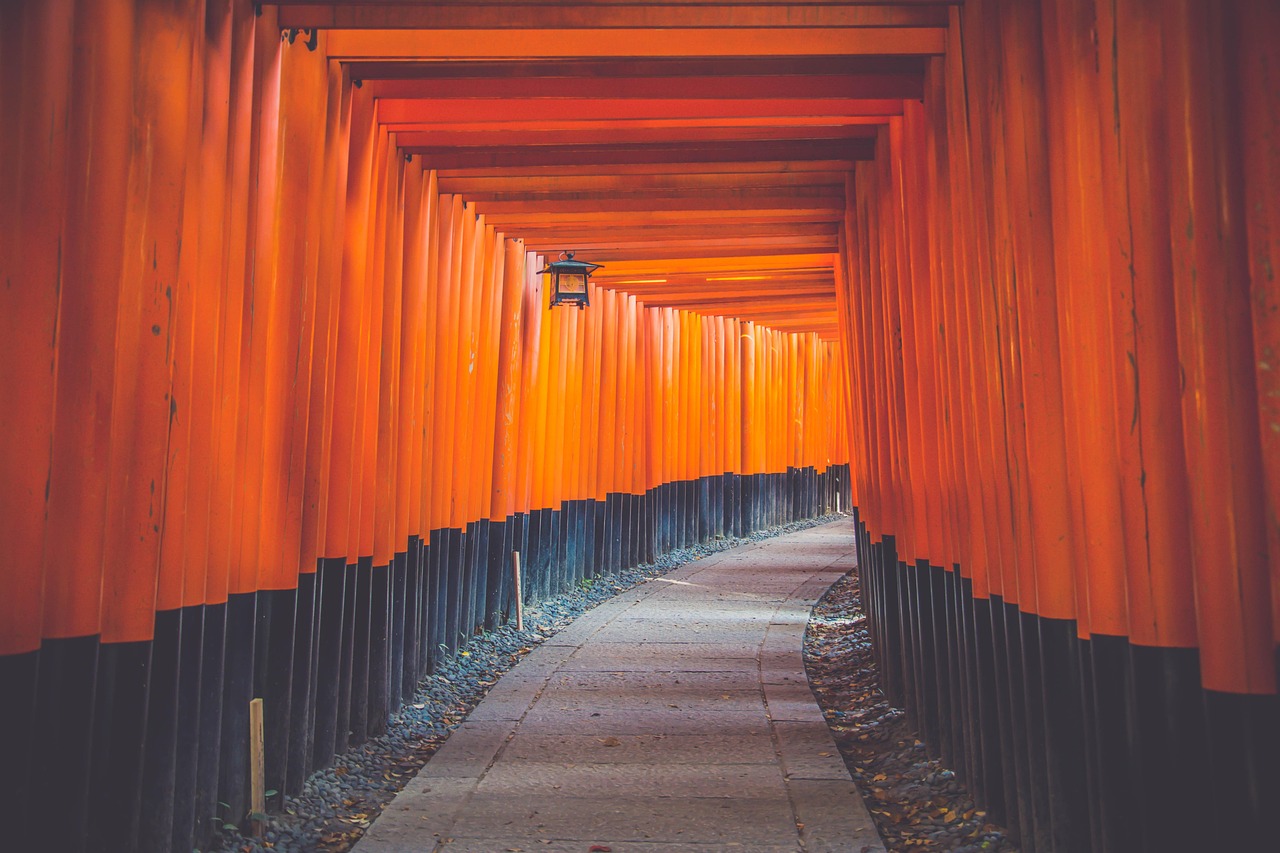 A peaceful traditional street in Kyoto's Fushimi district with historic wooden buildings.