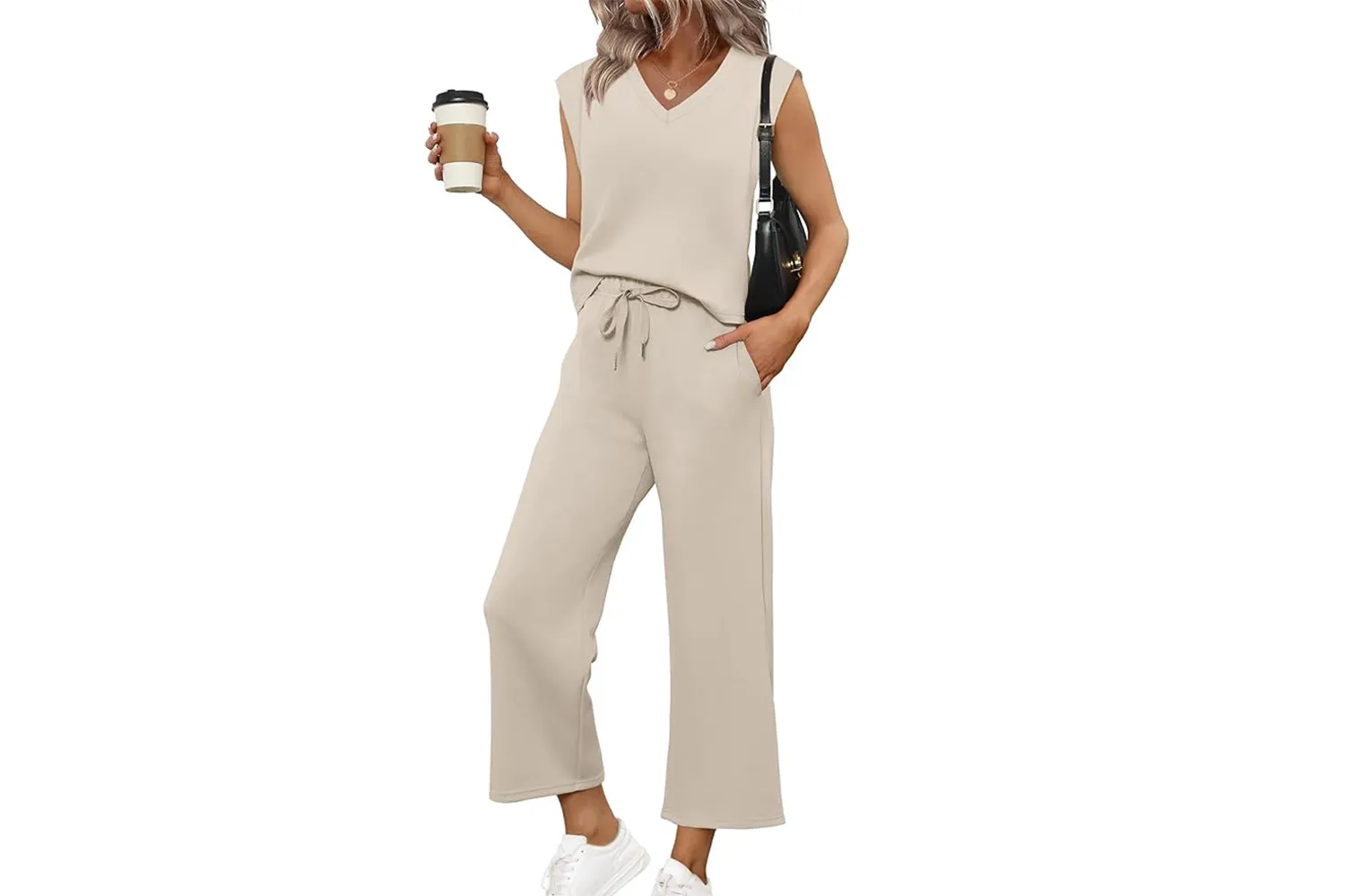 A matching two-piece linen set in a neutral color.