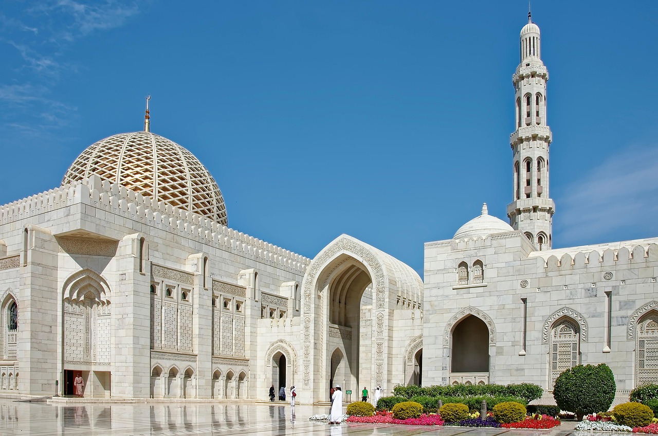 The architectural detail of the Sultan Qaboos Grand Mosque in Muscat
