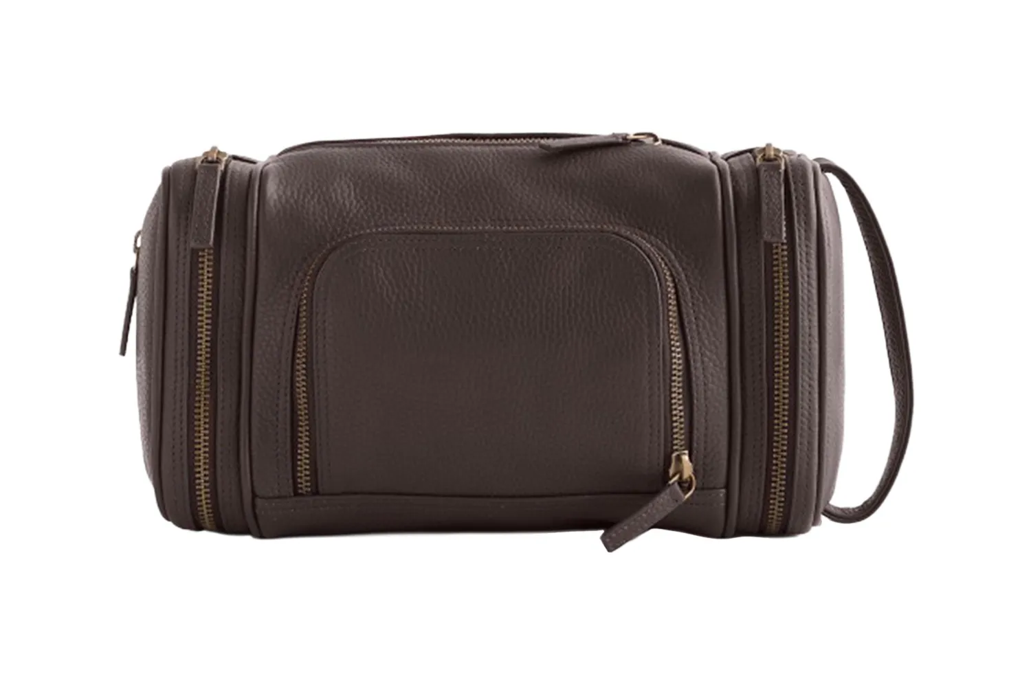 Detailed shot of the smooth Nappa leather exterior of a Quince toiletry bag.
