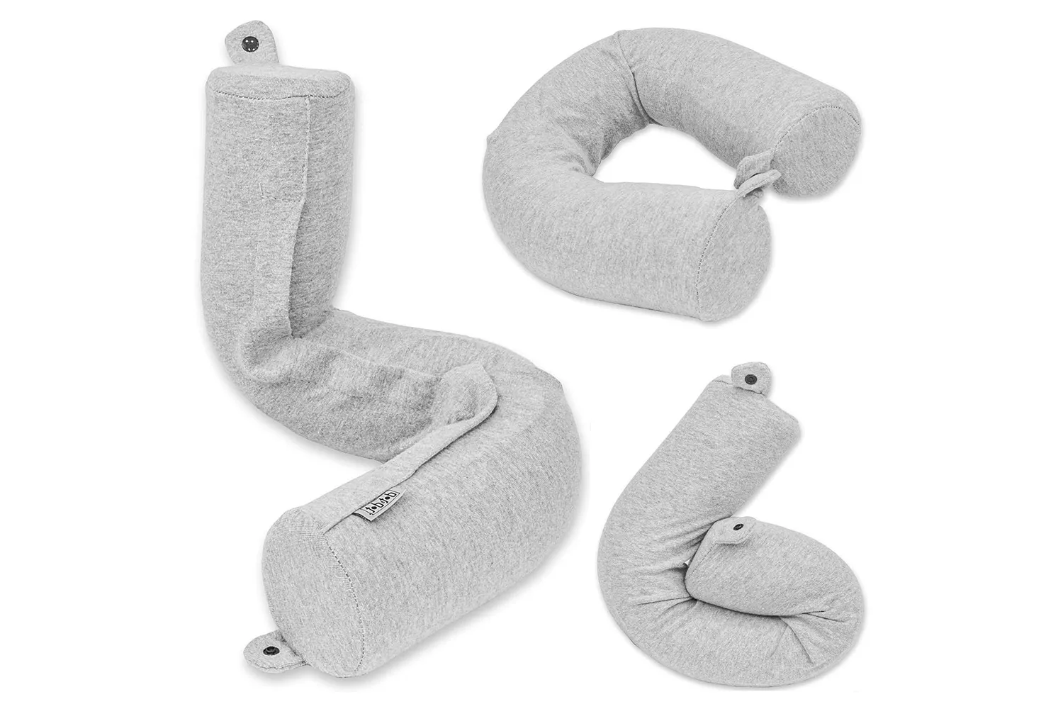 A twistable memory foam travel pillow designed for neck support and storage.