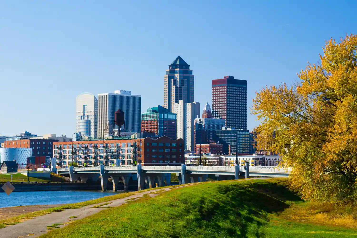 A wide view of the Des Moines, Iowa skyline and river from a green park area.