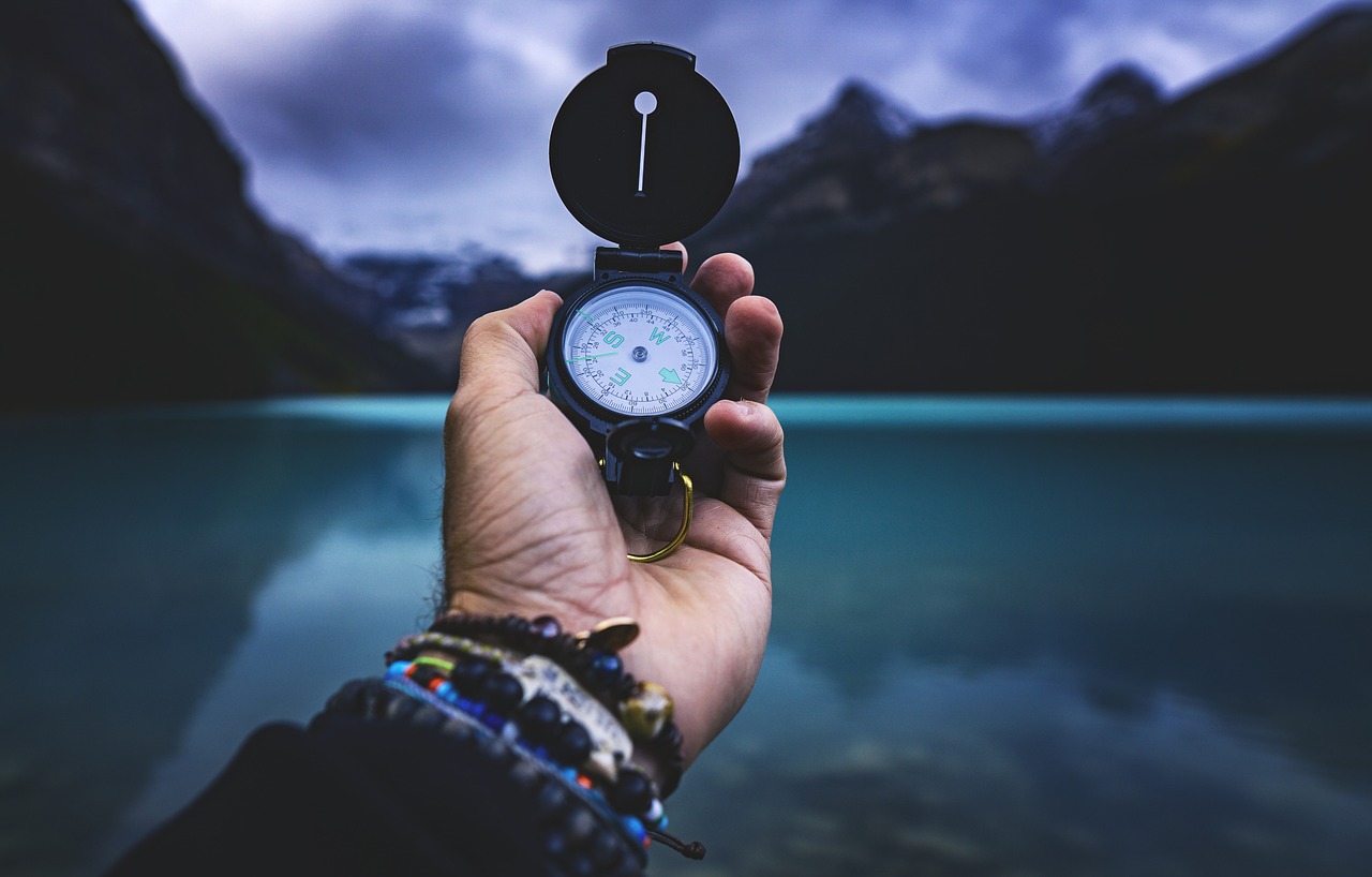 Close-up of hands holding a compass over a topographical map in the wilderness.