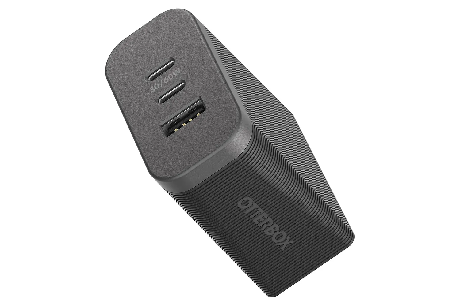 An OtterBox Premium Pro 3-port fast charging USB-C wall charger.