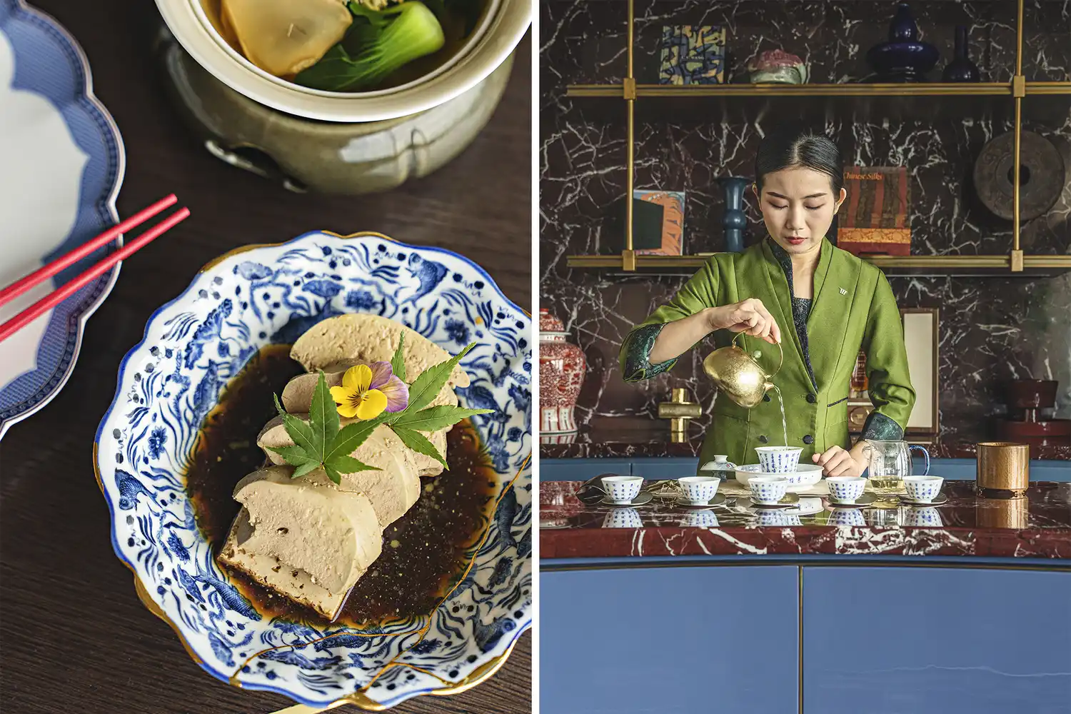 Split image featuring a gourmet foie gras dish and a traditional Chinese tea ceremony.