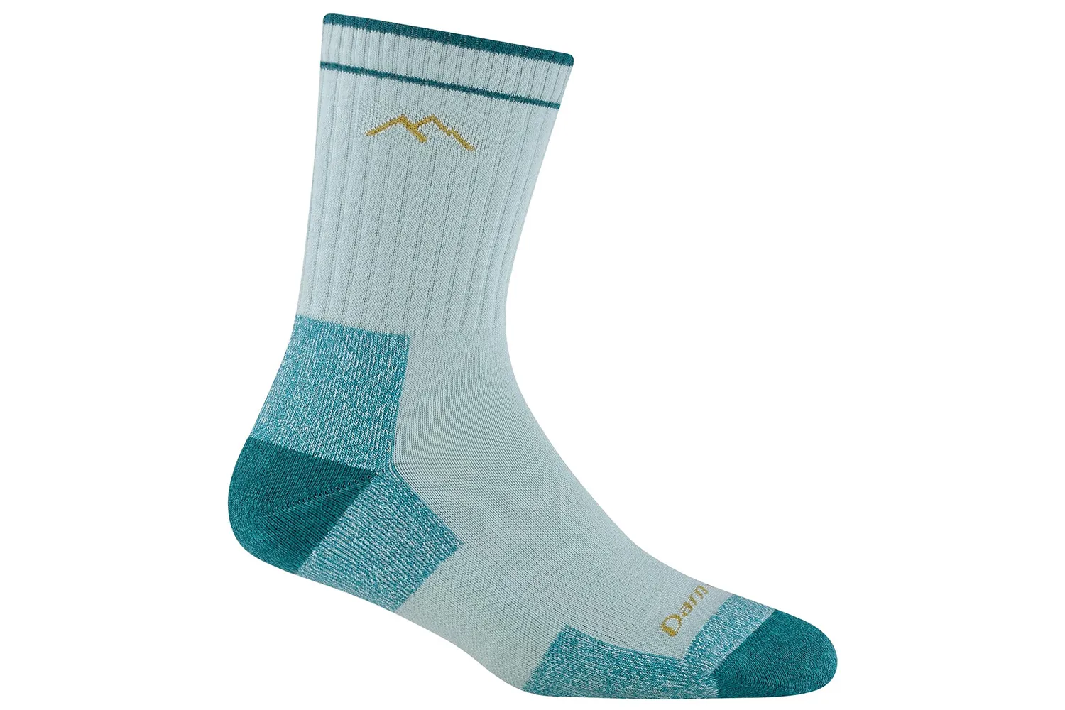 Pair of gray and blue merino wool hiking socks.