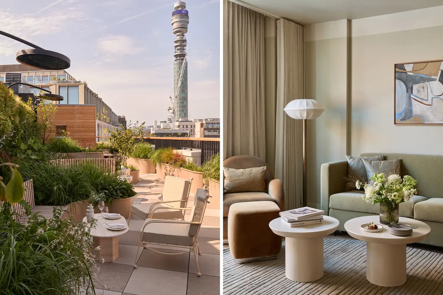 A rooftop penthouse terrace at The Newman, London with a view of a city tower, and a guest room corner.