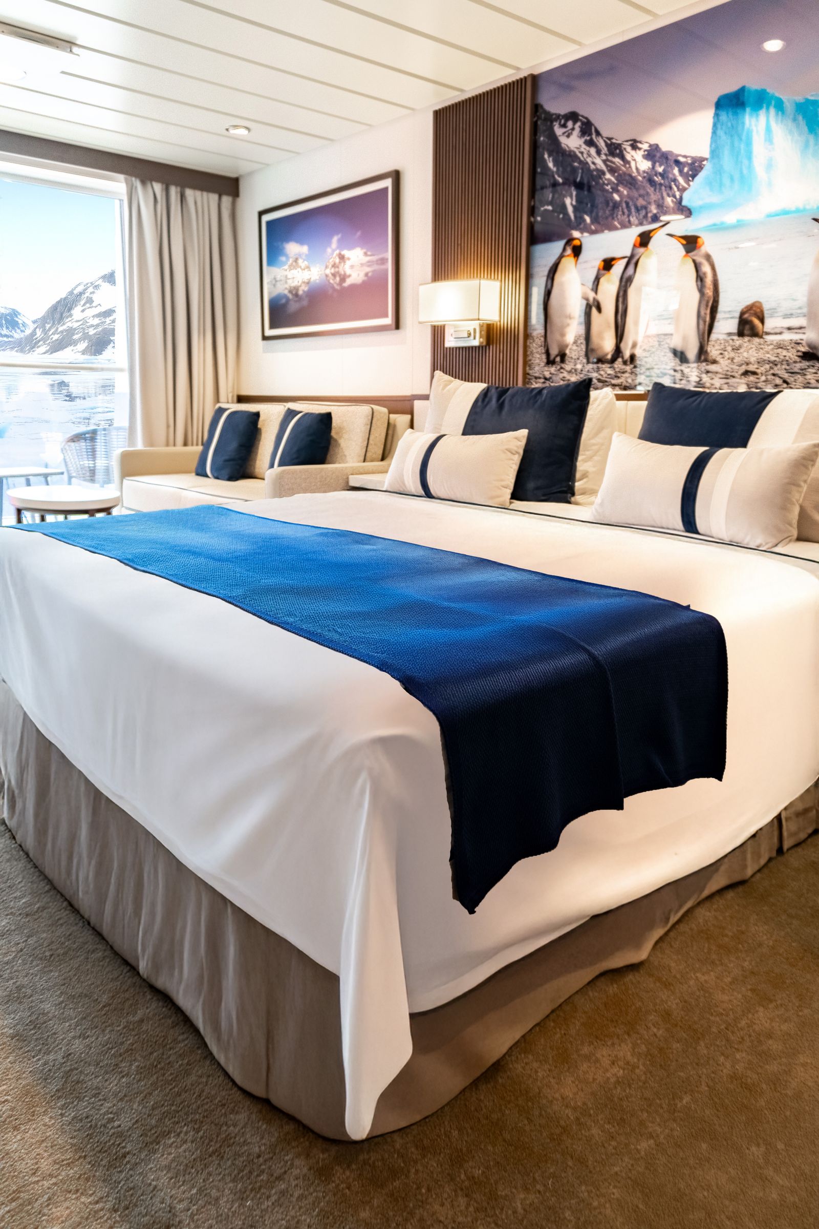 A cozy expedition ship stateroom with regional wildlife art.
