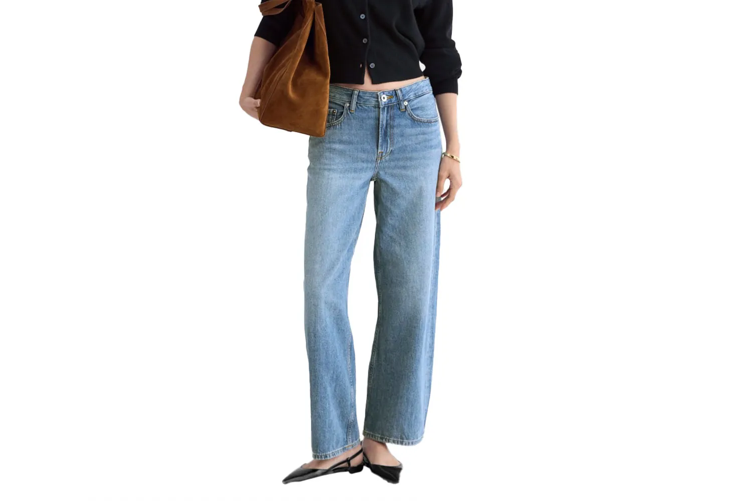 A pair of wide-leg loose curve denim jeans in a medium wash.