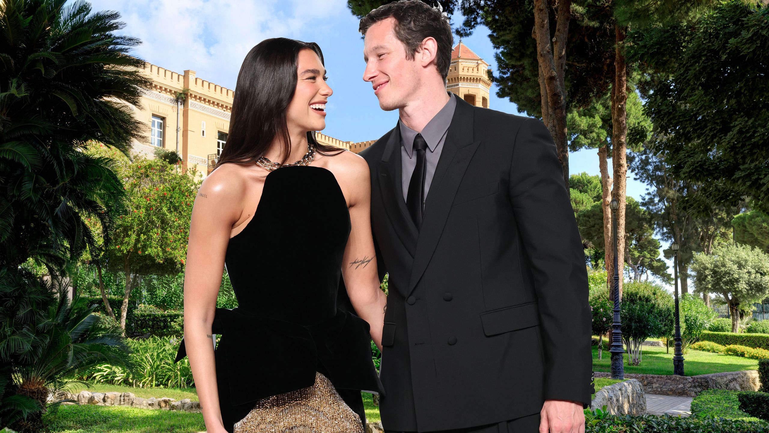 A sophisticated couple in formal evening wear representing the luxury guest experience at Villa Igiea.