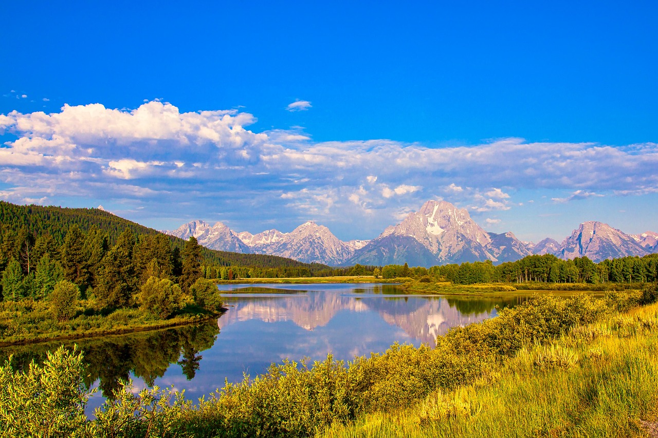 The reflection of the Teton Range in a still river surrounded by yellow and orange brush.