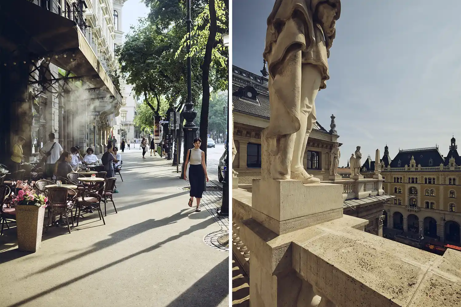 Side-by-side view of a cafe on Andrássy Avenue and the rooftop of the W Budapest hotel.