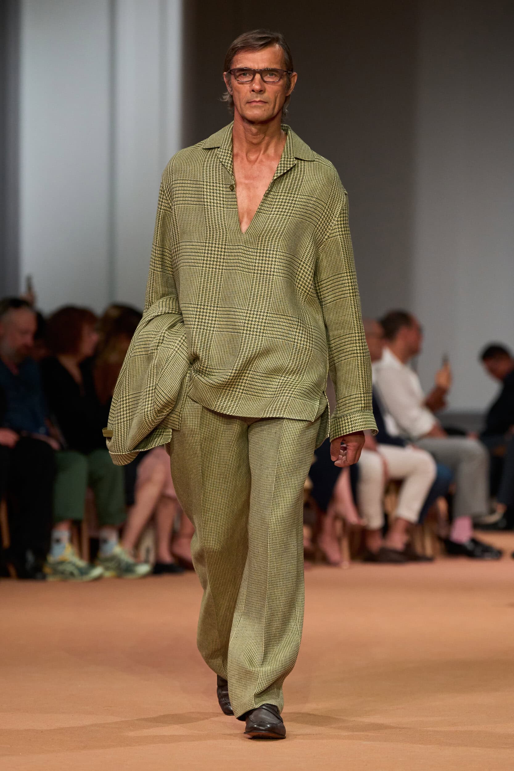Close-up of a ZEGNA Spring 2026 look featuring highly textured linen and a relaxed, unpadded silhouette.