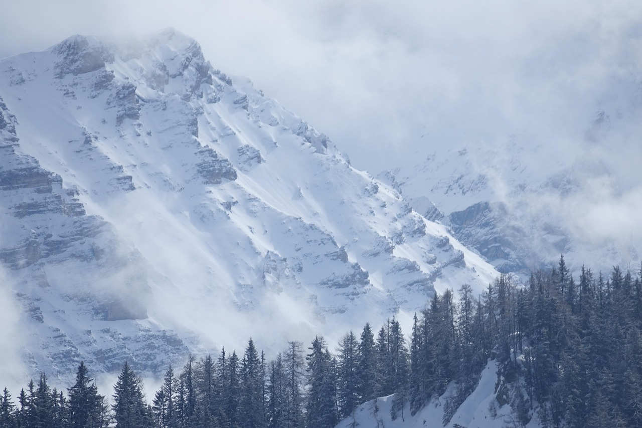 Snow-capped peaks of the Dolomites in Italy during winter.