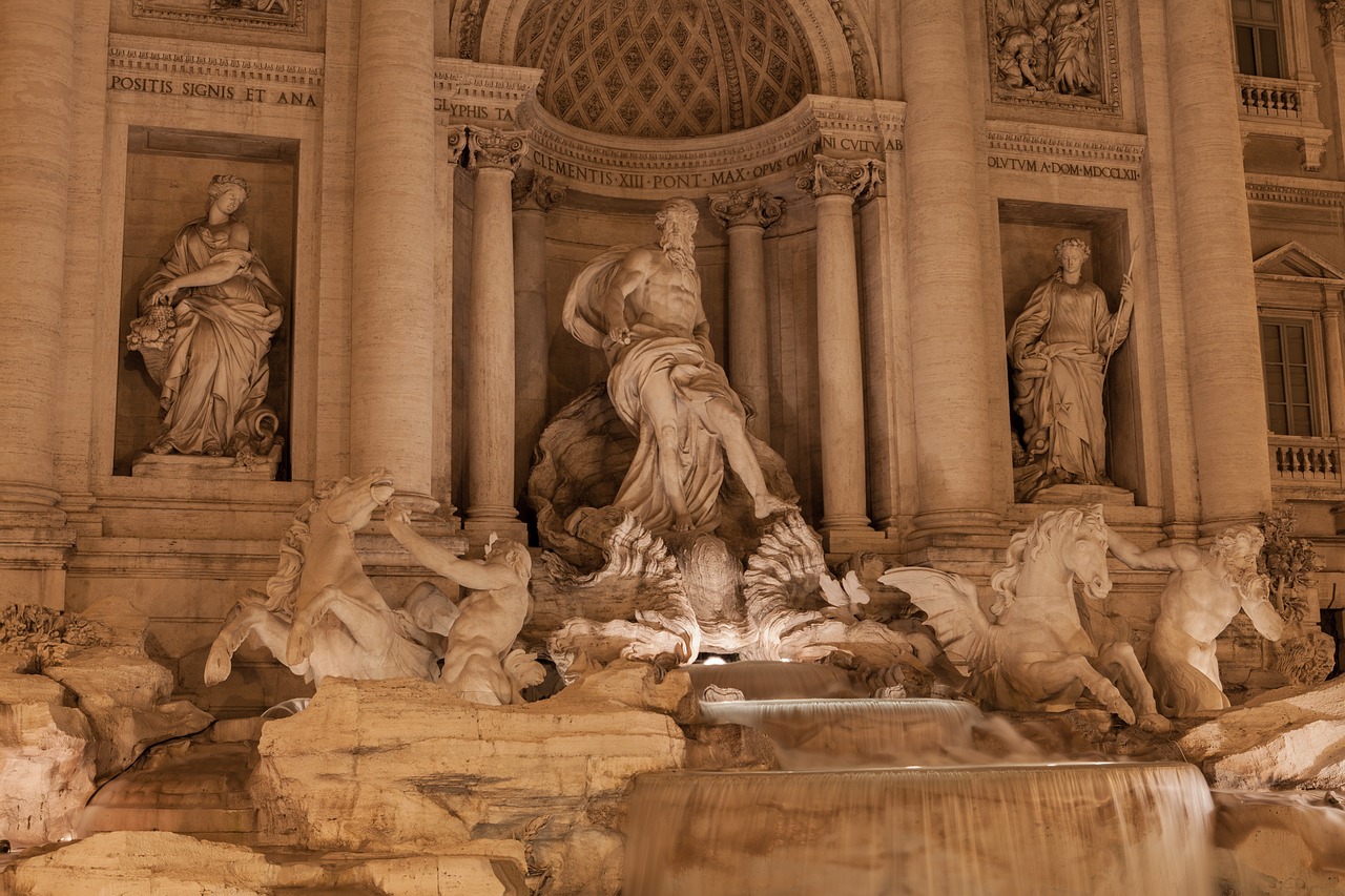 A grand Roman palace interior with gold leaf moldings and chandeliers