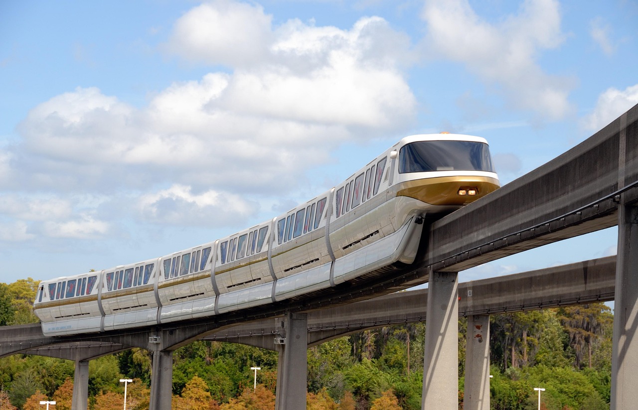 The Las Vegas Monorail traveling on its elevated track with the city skyline in the background.