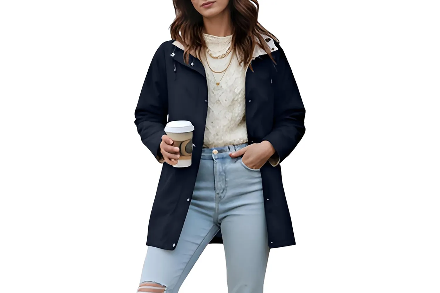 A hooded reversible trench coat suitable for rainy weather.