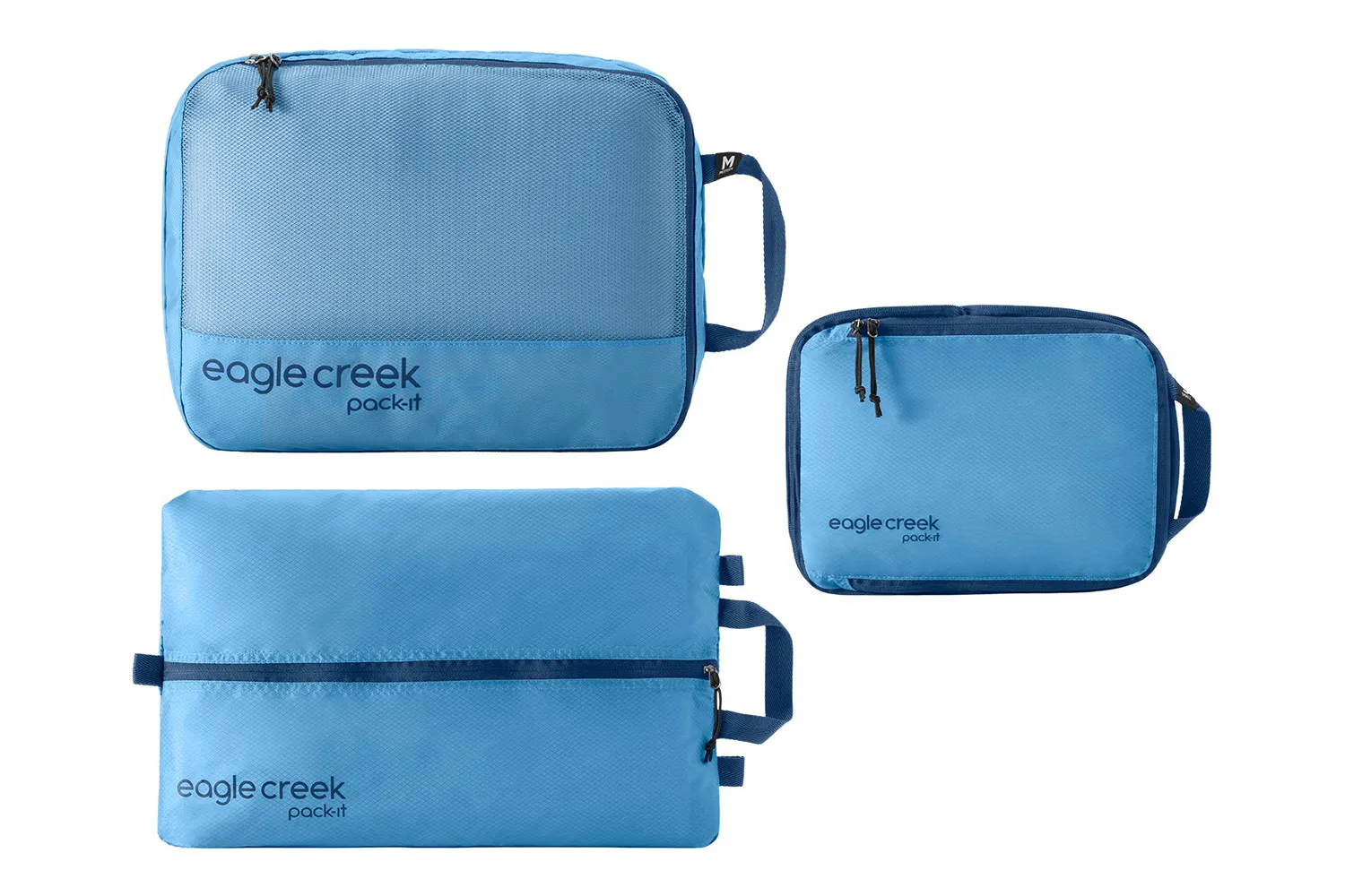 A set of Eagle Creek Pack-It Essentials compression cubes in different sizes.