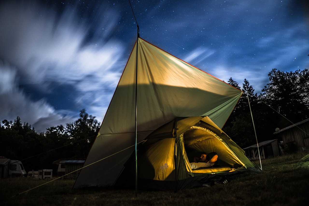 A small tent pitched in a serene forest clearing during the golden hour.