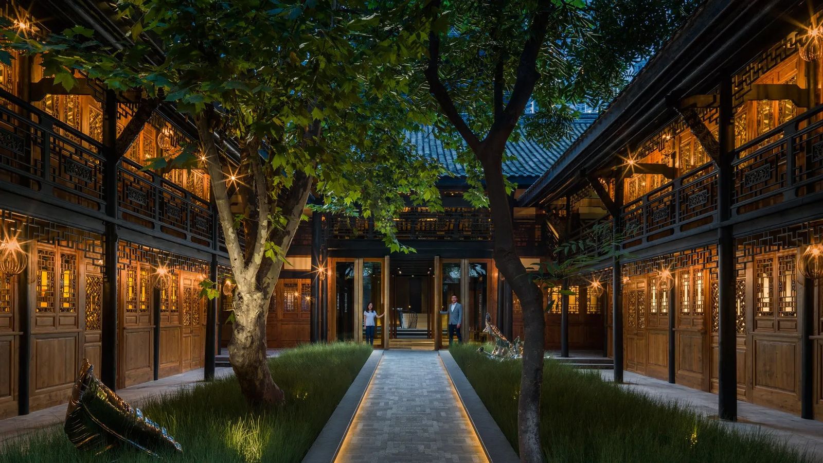 Aerial view of modern architectural buildings and a luxury resort layout in Chengdu.