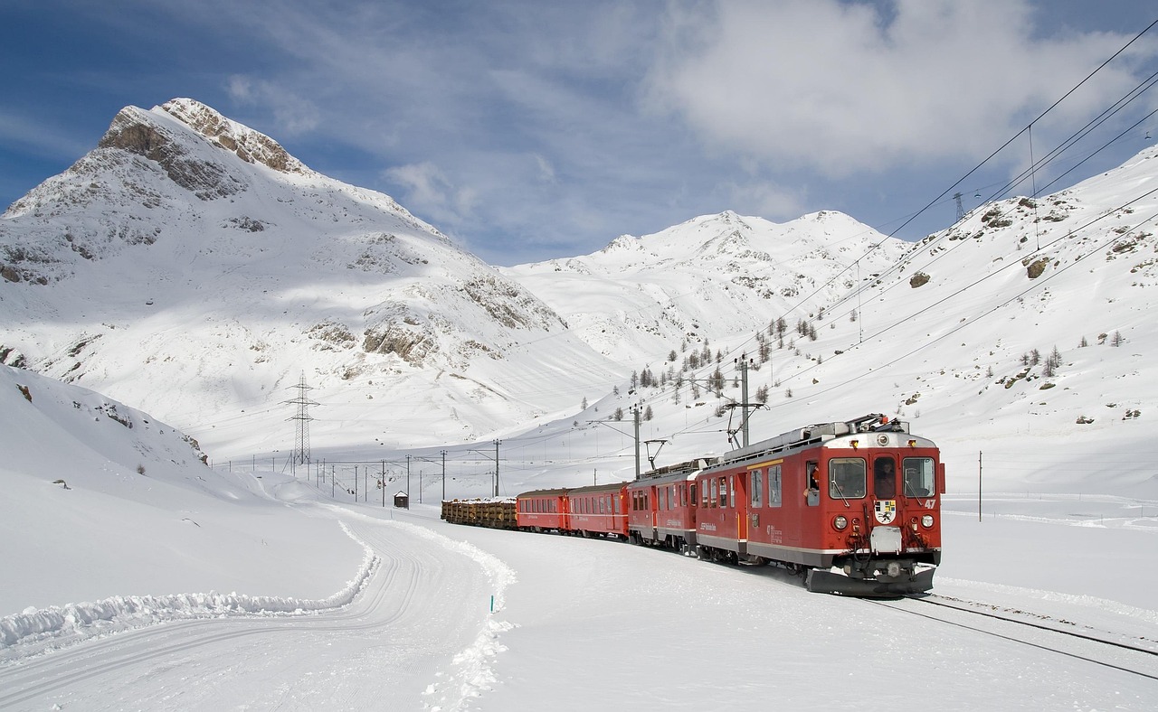 The blue and yellow Alaska Railroad train traveling through mountain passes.