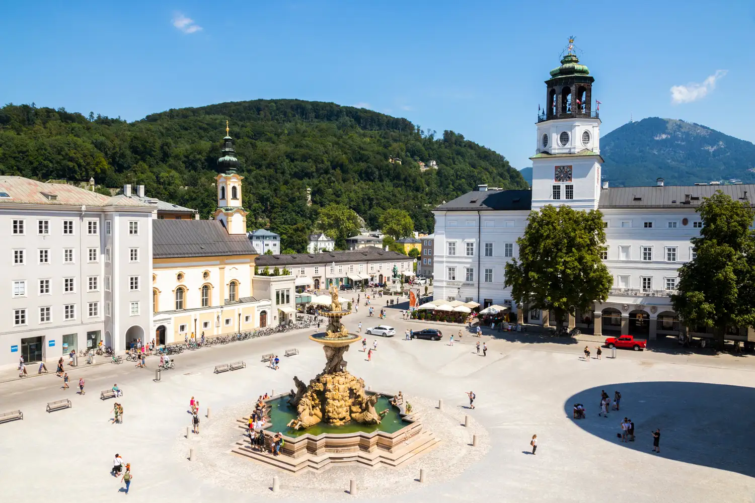 Residenzplatz Square in Salzburg featuring the large central Baroque fountain.
