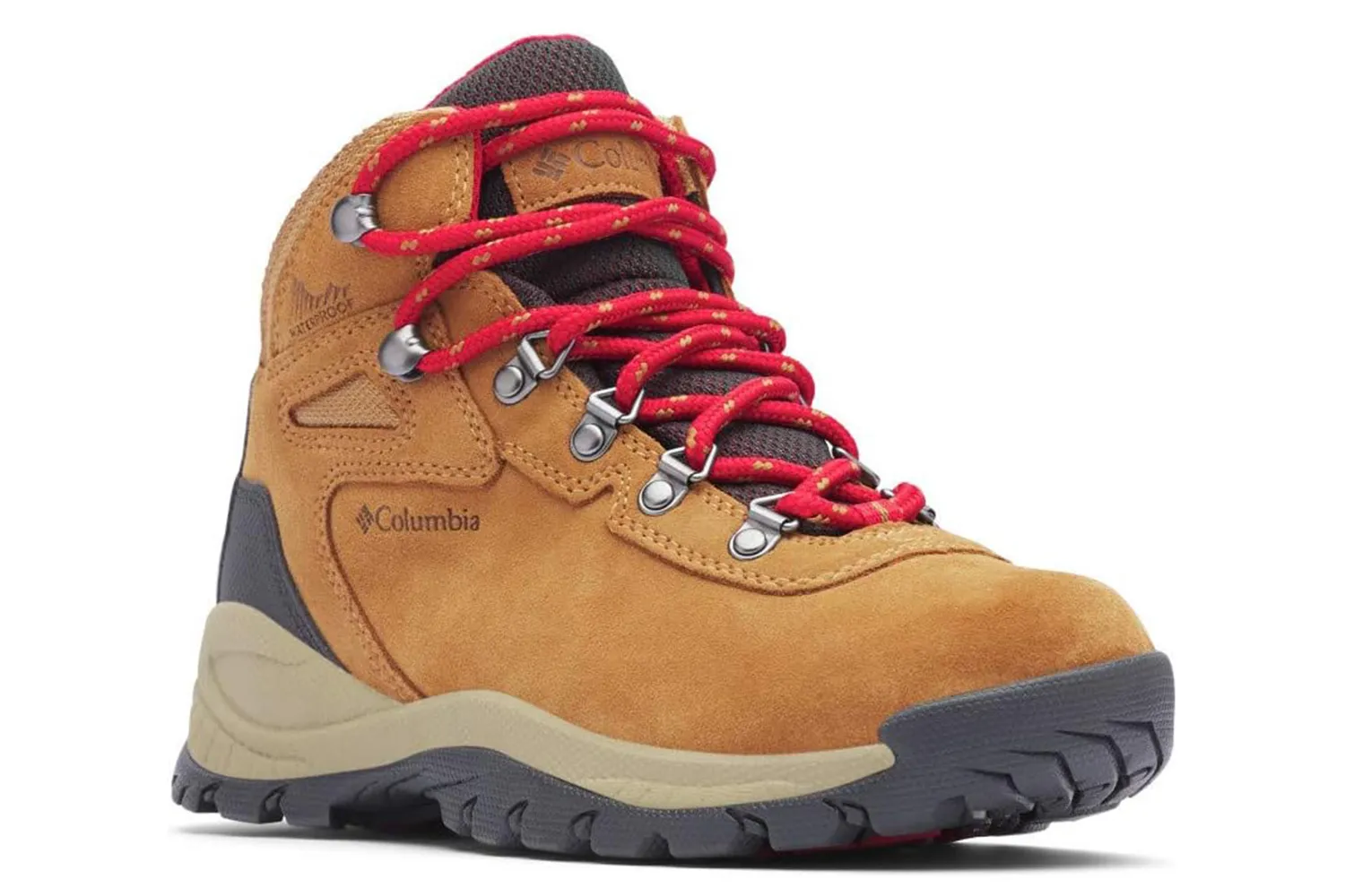 Sturdy brown waterproof hiking boots with thick rubber soles.