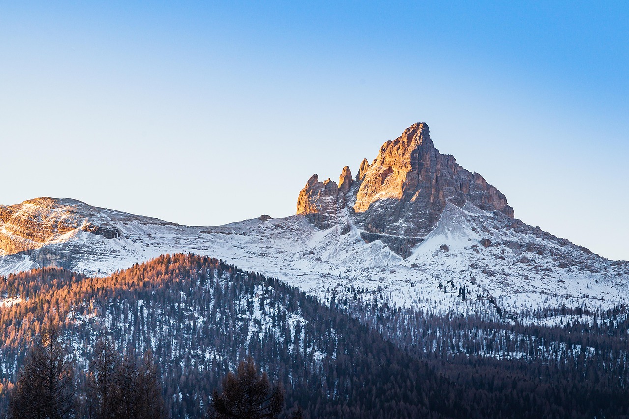 The jagged peaks of the Dolomites covered in snow above Cortina d'Ampezzo