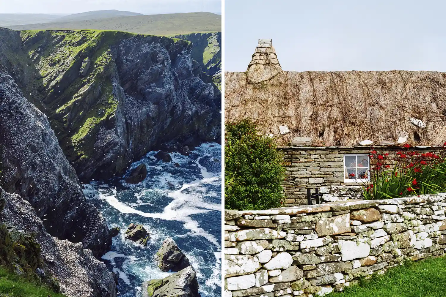 A composite image showing a thatched-roof stone crofthouse and the rugged cliffs of Hermaness.
