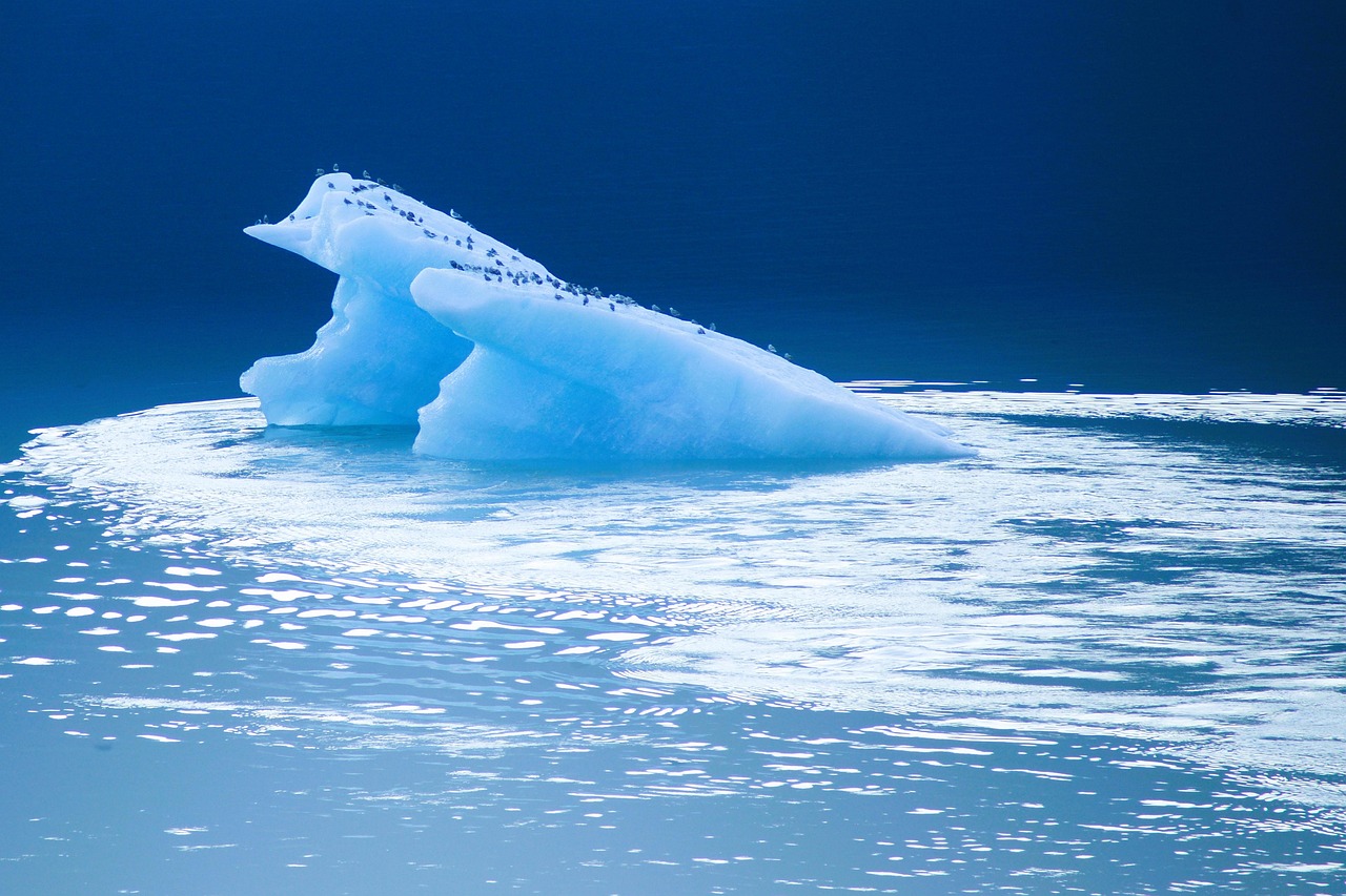 Massive blue icebergs and glaciers reflecting in the still waters of the Antarctic coast.