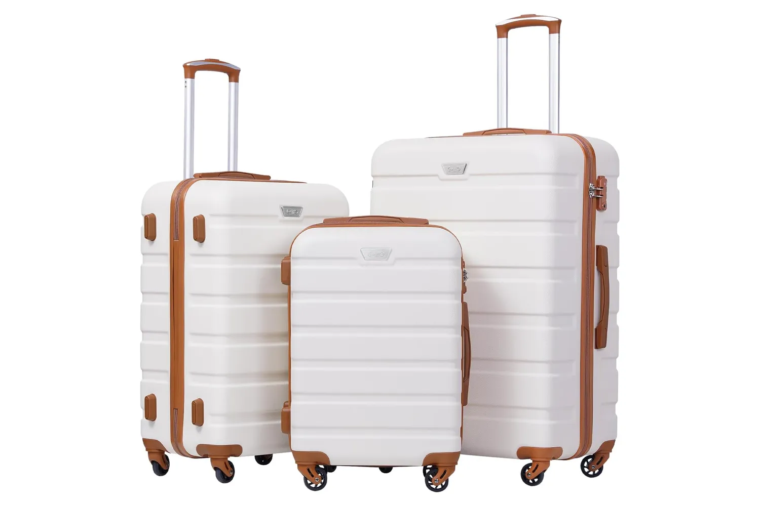 A 3-piece set of apricot white Coolife hardshell spinner suitcases with TSA locks.