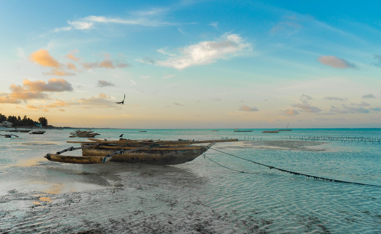 A child playing on a white sand beach in Zanzibar with turquoise ocean