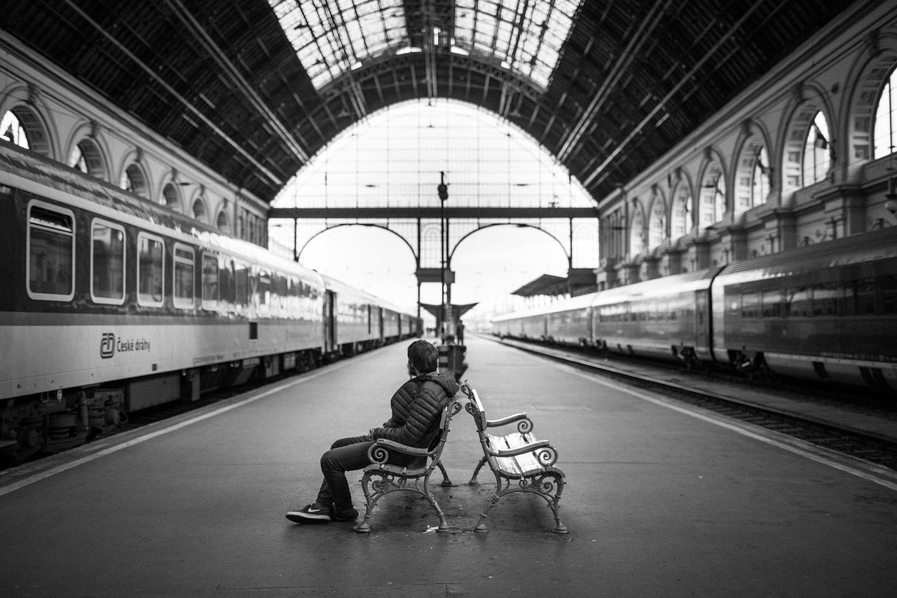 A family looking out of a large train window at the passing European countryside.