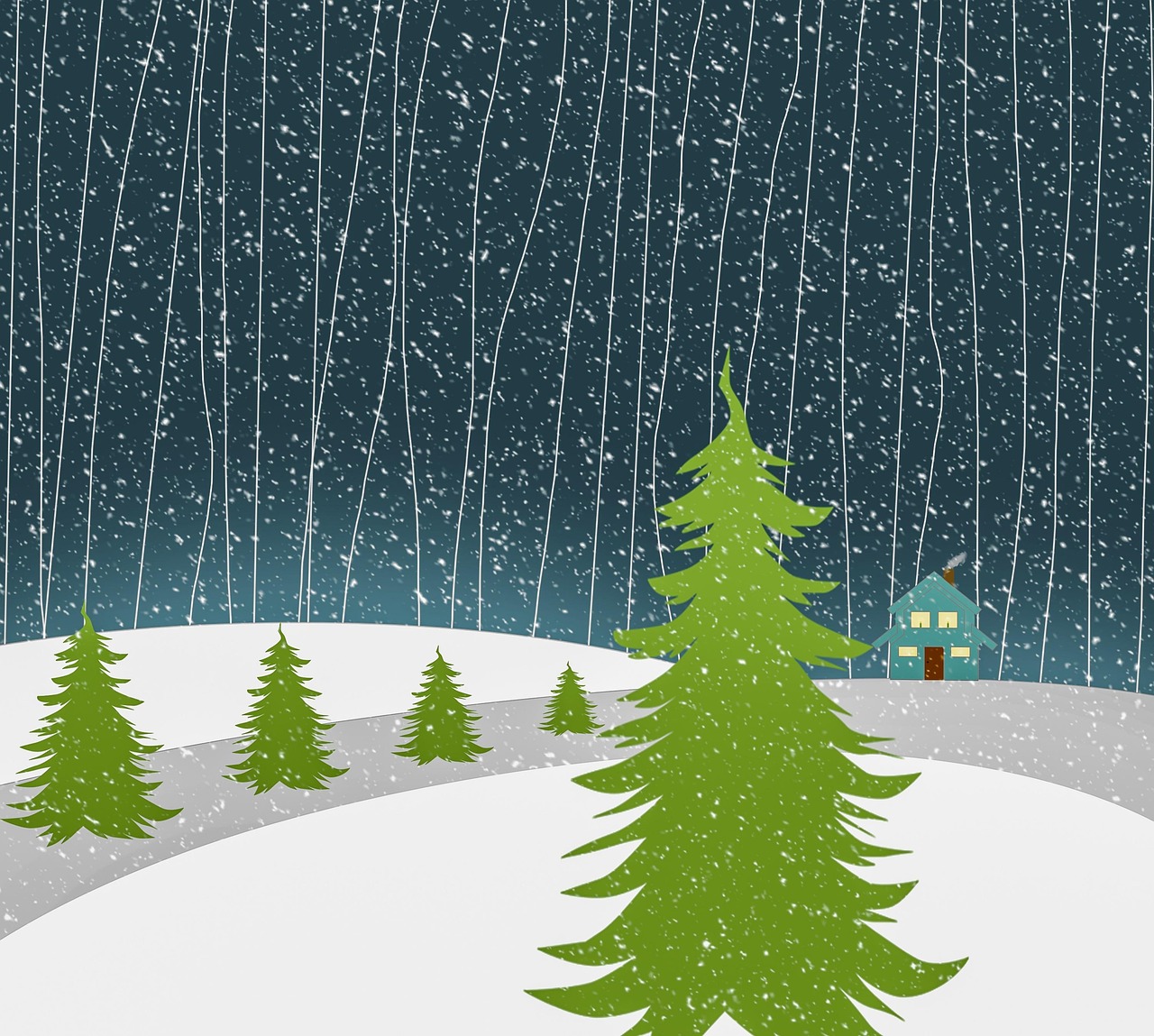 A modern black A-frame cabin surrounded by snow-covered pine trees.