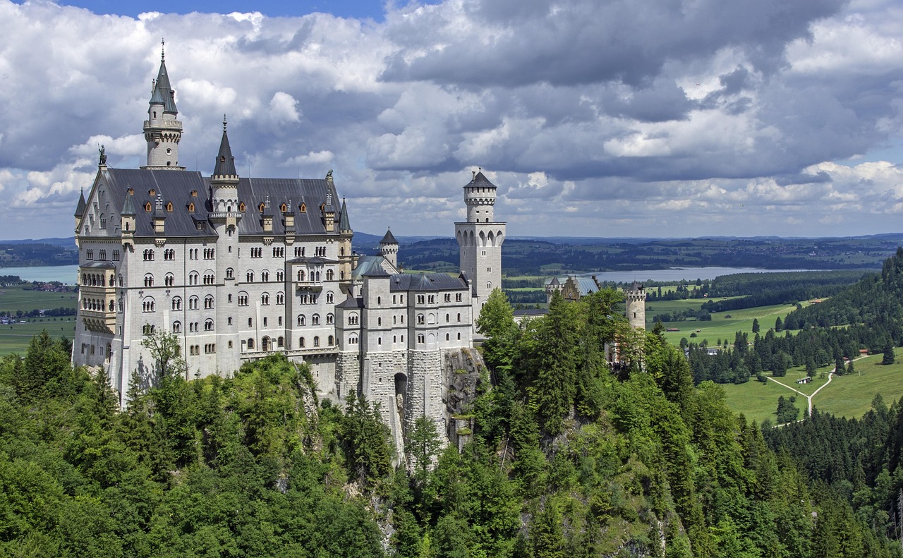 The fairytale-like Neuschwanstein Castle perched on a rugged hill in Bavaria.
